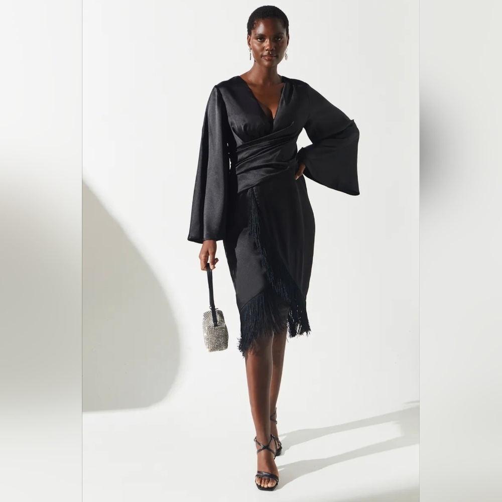 Satin Fringe Hem Wrap Waist Midi Dress
